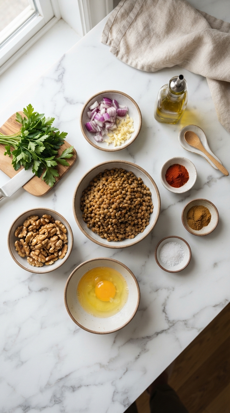 Fresh ingredients for lentil walnut veggie burgers including cooked lentils, chopped walnuts, garlic, onion, and spices arranged on a wooden cutting board