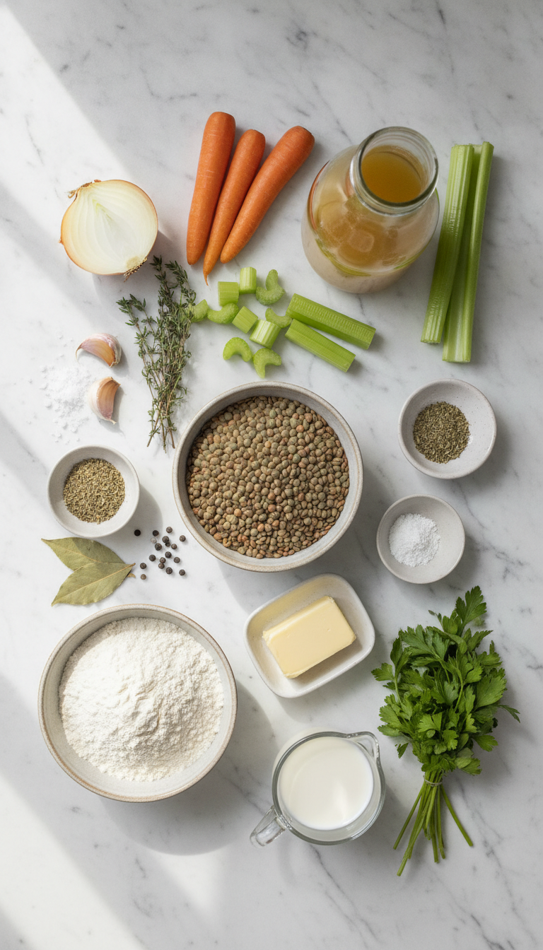 Fresh ingredients for lentils with drop dumplings including lentils, vegetables, herbs, and dumpling ingredients arranged on a wooden cutting board