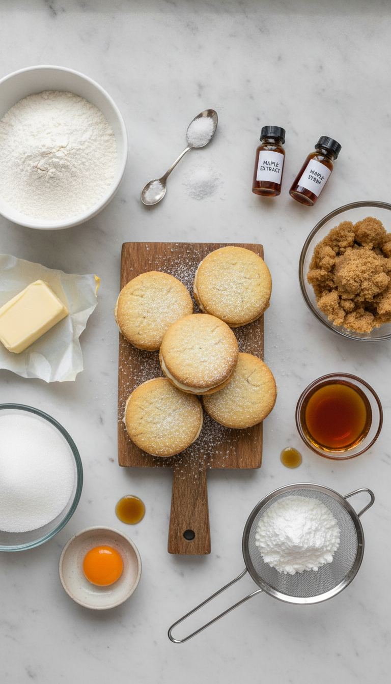 Fresh ingredients for maple cream cookies including flour, butter, sugars, maple extract and maple syrup arranged on a wooden surface