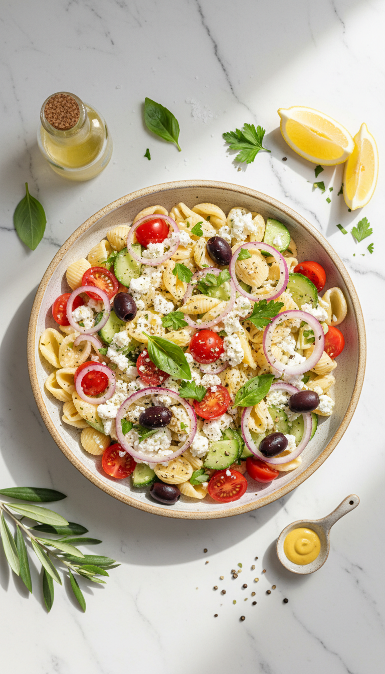 Fresh ingredients for Mediterranean cottage cheese pasta salad including pasta, cottage cheese, cherry tomatoes, cucumber, olives, and herbs arranged on a wooden cutting board