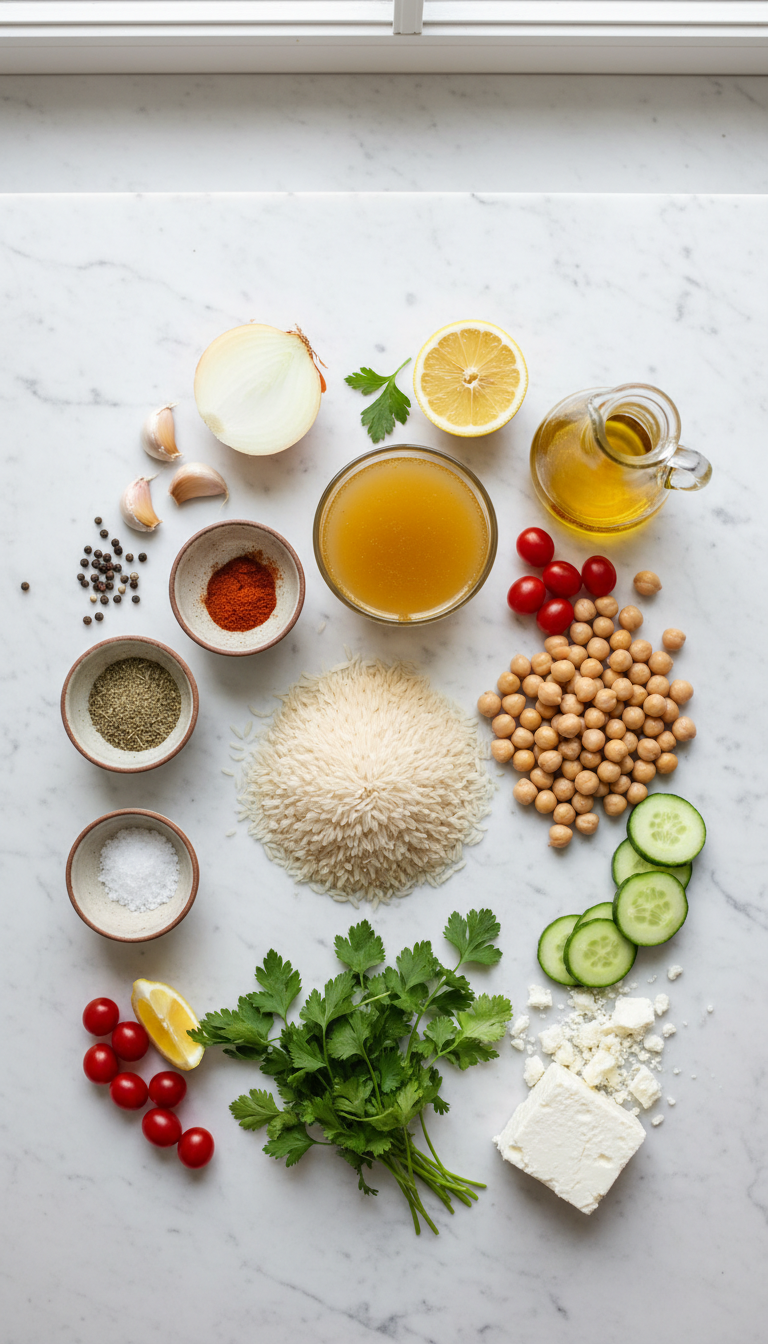 Fresh ingredients for Mediterranean rice and beans arranged artistically on marble surface with golden olive oil and vibrant herbs
