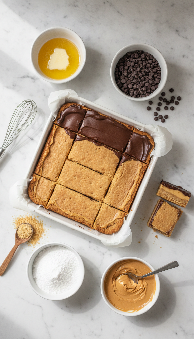 Ingredients laid out for chocolate peanut butter bars including melted butter, crushed crackers, powdered sugar, peanut butter, and chocolate chips