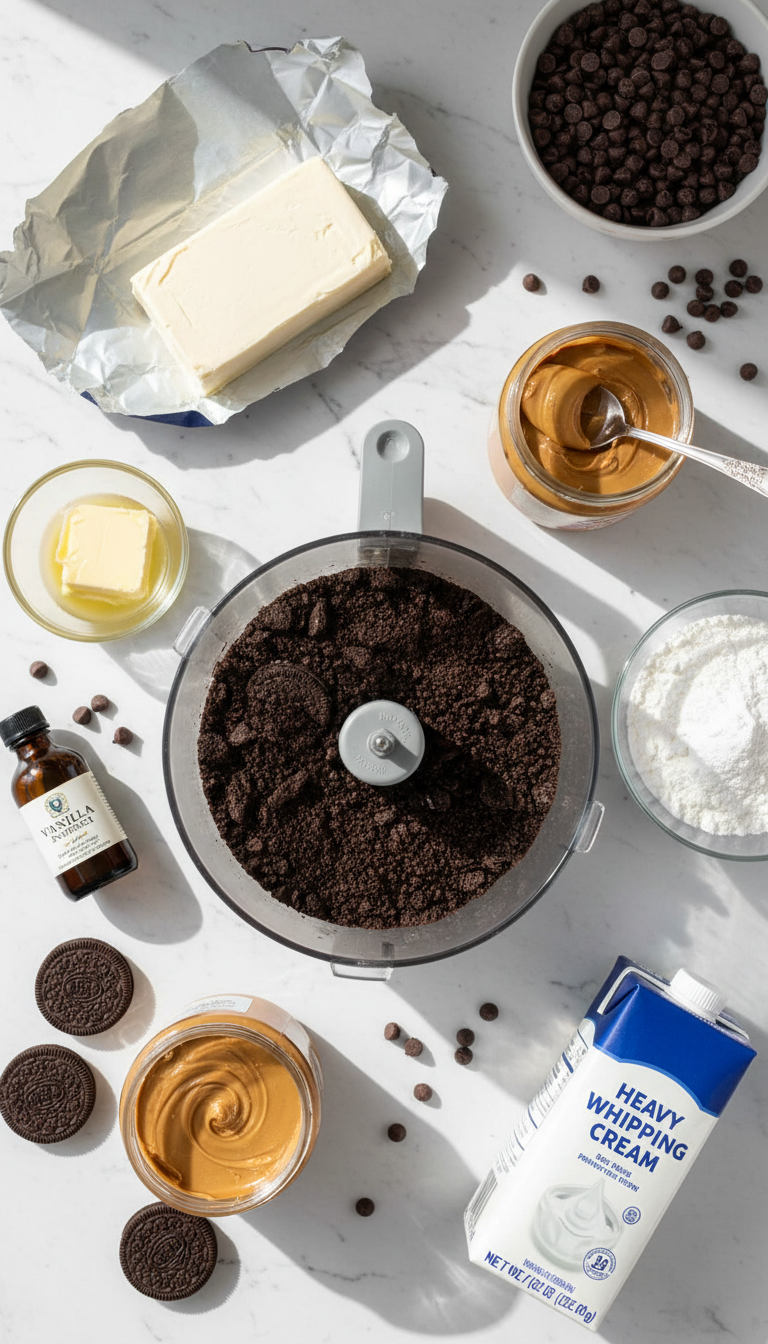 Ingredients laid out for no-bake chocolate peanut butter cheesecake bars including cream cheese, Oreo cookies, peanut butter, chocolate chips, and heavy cream arranged on a marble surface