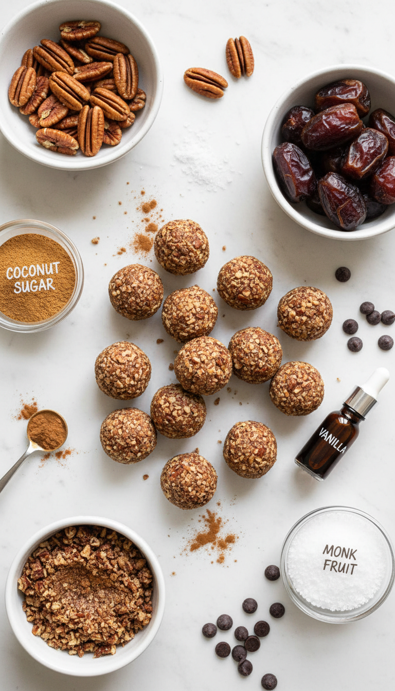 Fresh ingredients for no-bake pecan pie bites arranged on marble surface including whole pecans, pitted dates, coconut sugar, sea salt, vanilla extract, cinnamon, and dark chocolate chips