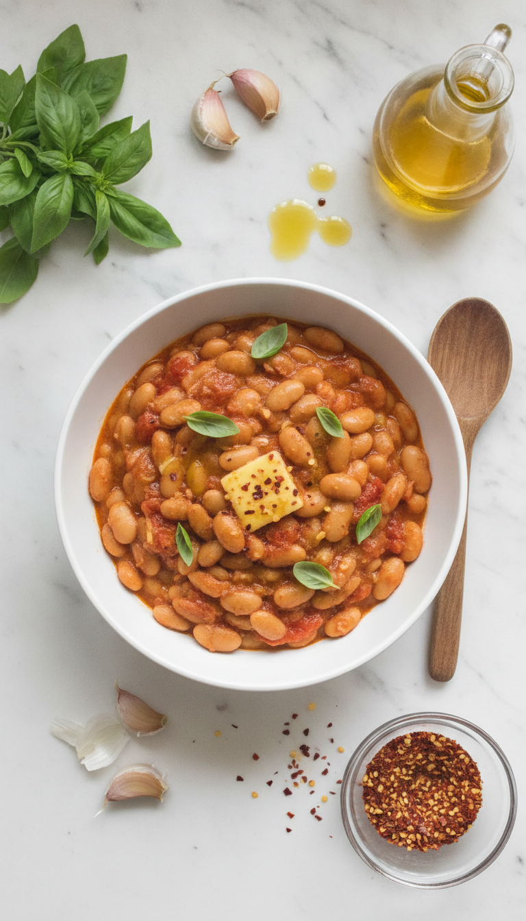 Fresh ingredients for One Pot Marry Me Butter Beans including olive oil, garlic, onions, herbs, tomato paste, crushed tomatoes, coconut milk, and butter beans arranged on a wooden cutting board