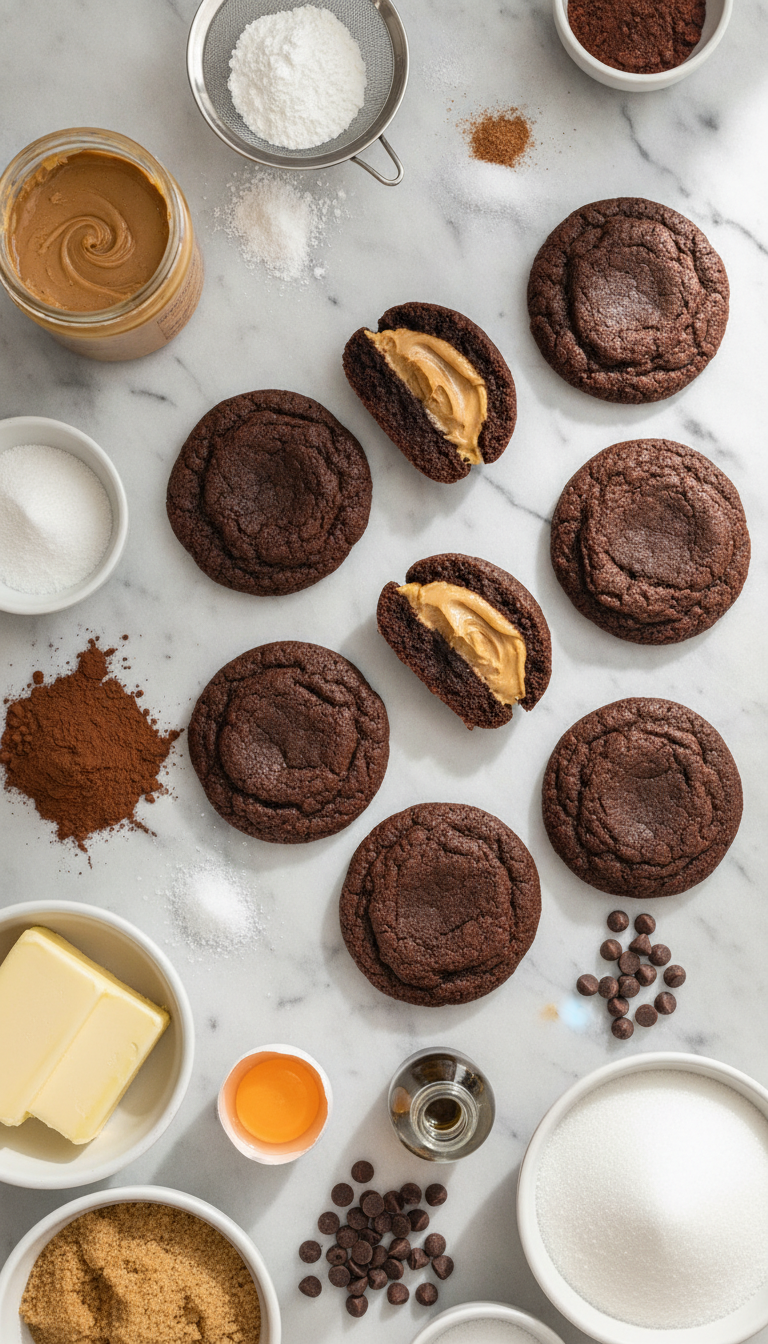 Fresh ingredients for peanut butter stuffed chocolate cookies arranged on a kitchen counter including creamy peanut butter, powdered sugar, all-purpose flour, cocoa powder, butter, and chocolate chips