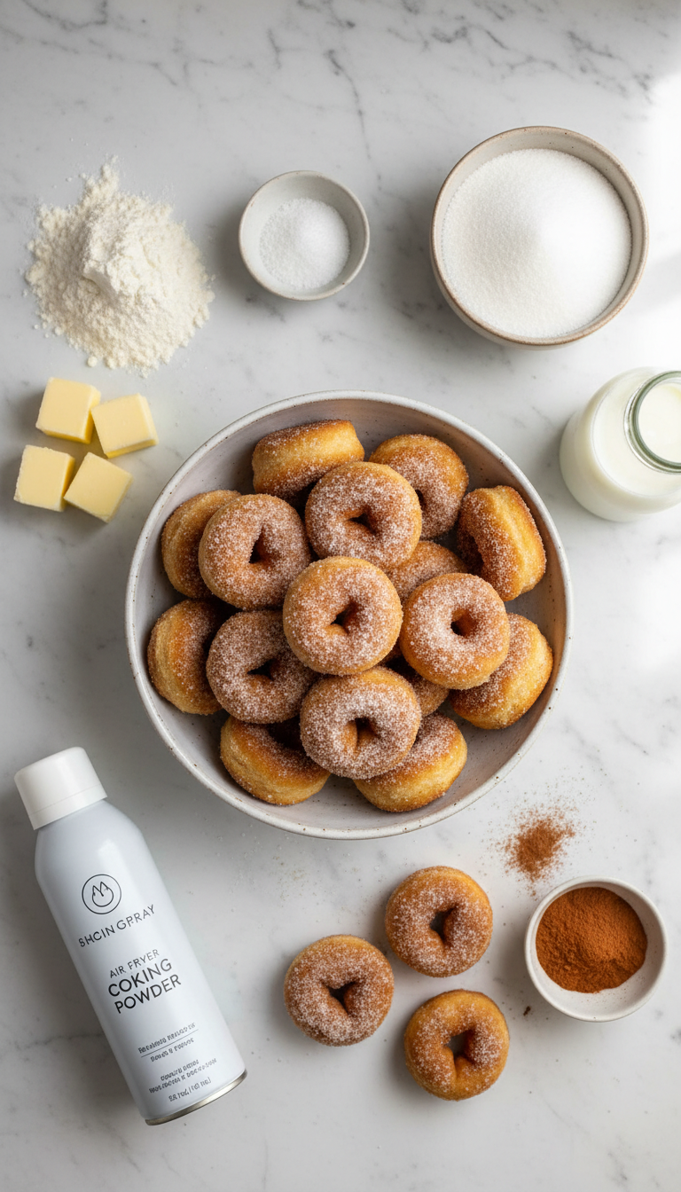 Fresh ingredients for Air Fryer Cinnamon Sugar Donut Holes arranged on marble countertop with golden flour, creamy butter, and warm spices