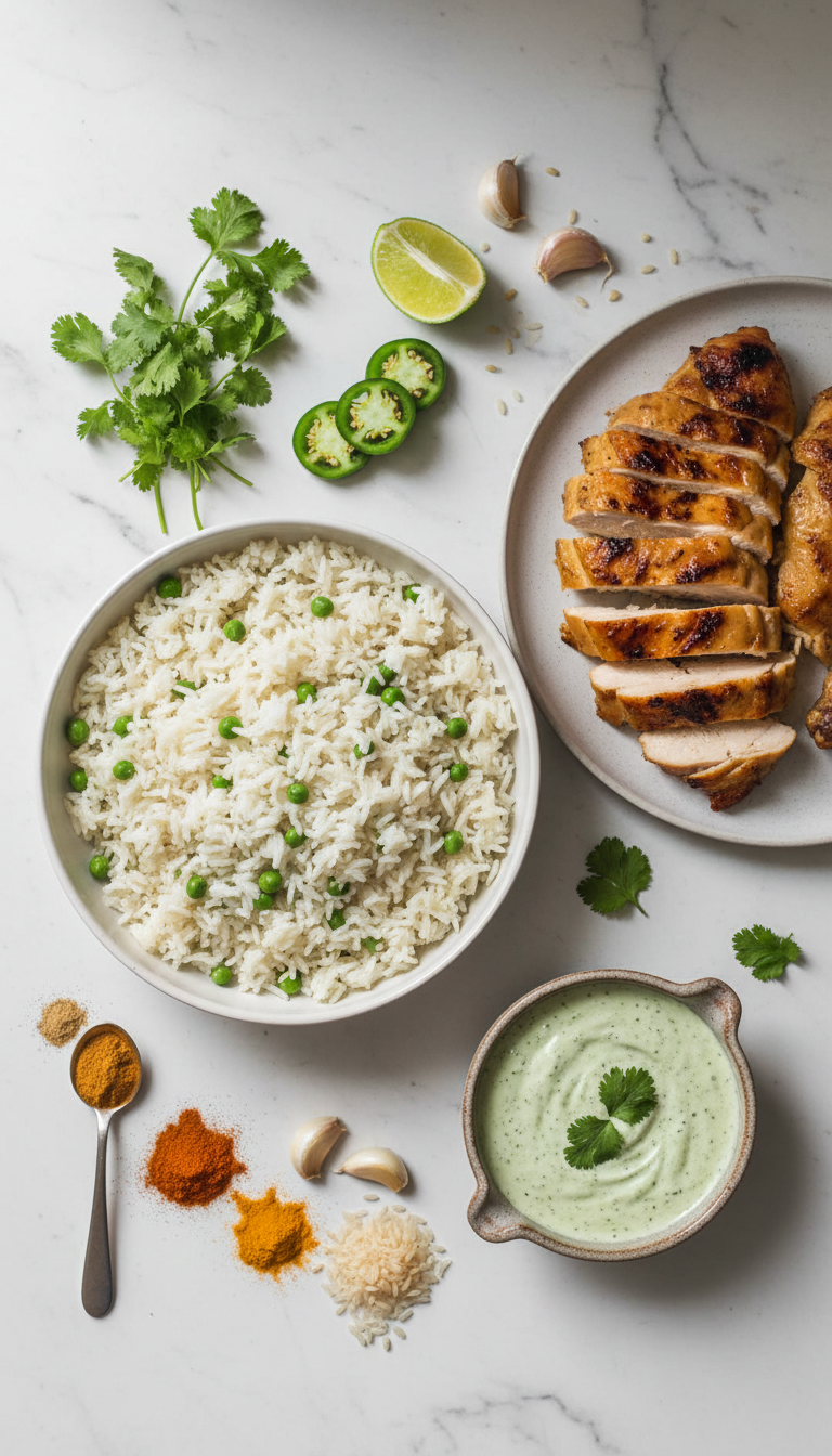 Fresh ingredients for Peruvian Chicken and Rice with Green Sauce including marinated chicken, jasmine rice, cilantro, jalapeños, and spices arranged on a wooden cutting board