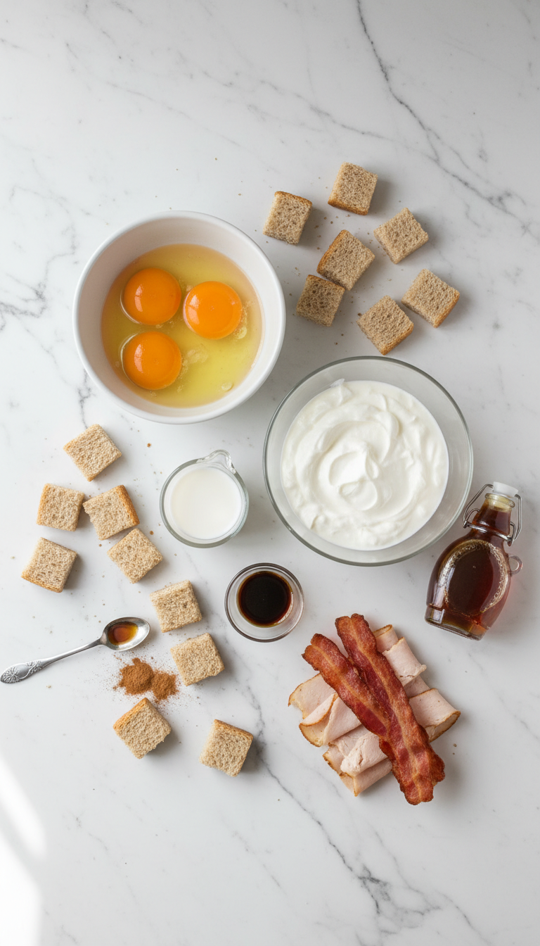 Fresh ingredients for Protein French Toast Muffins including eggs, Greek yogurt, whole grain bread cubes, milk, vanilla extract, cinnamon, maple syrup, and crumbled turkey bacon arranged on a clean kitchen counter