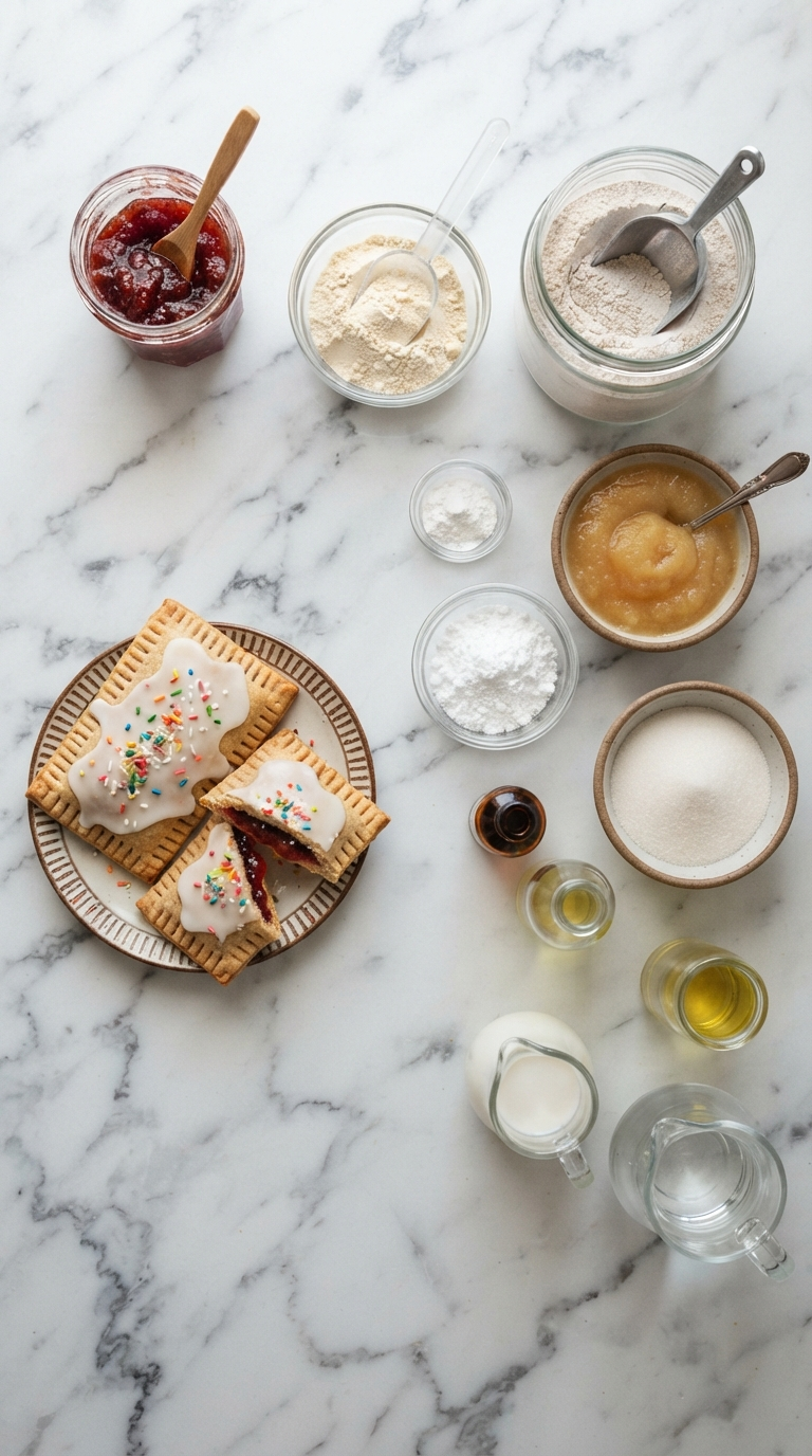 Fresh ingredients for protein pop tarts including whole wheat flour, vanilla protein powder, strawberry jam, and baking essentials arranged on a clean kitchen counter