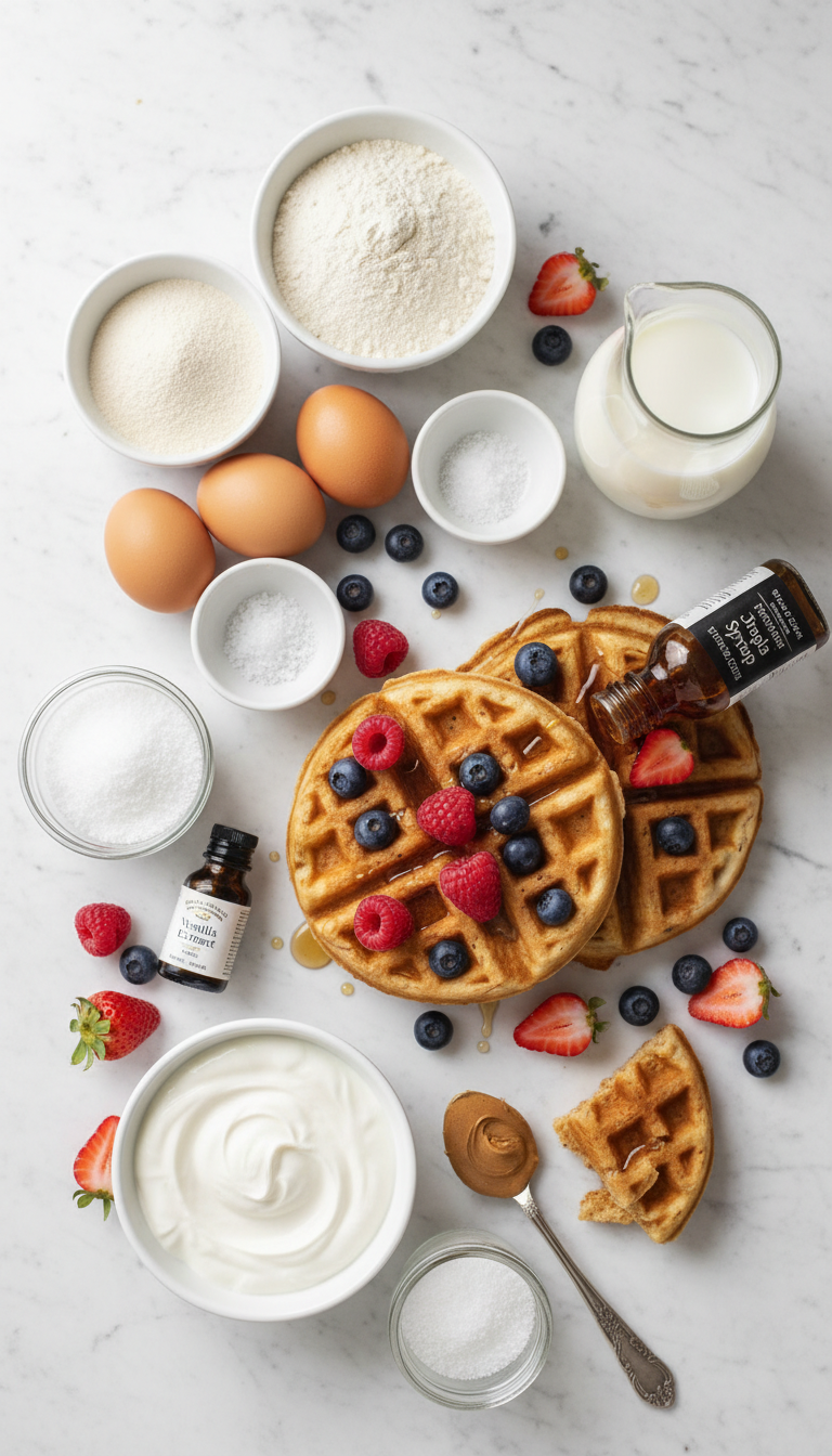 Fresh ingredients for protein waffles including oat flour, vanilla protein powder, eggs, Greek yogurt, and maple syrup arranged on a clean kitchen counter