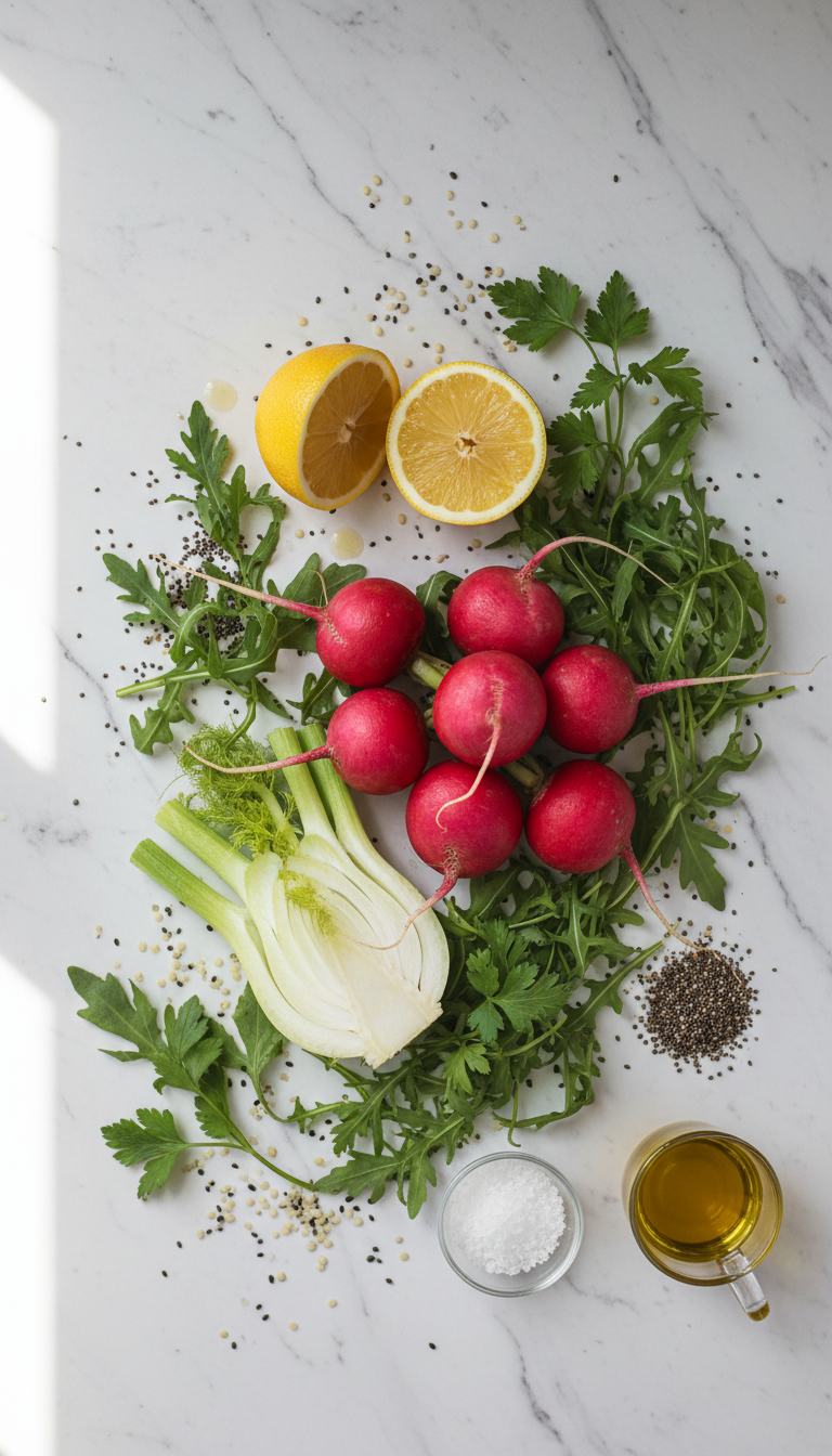 Fresh ingredients for radish and fennel salad arranged on marble surface including pink radishes, fennel bulb, arugula, and lemon