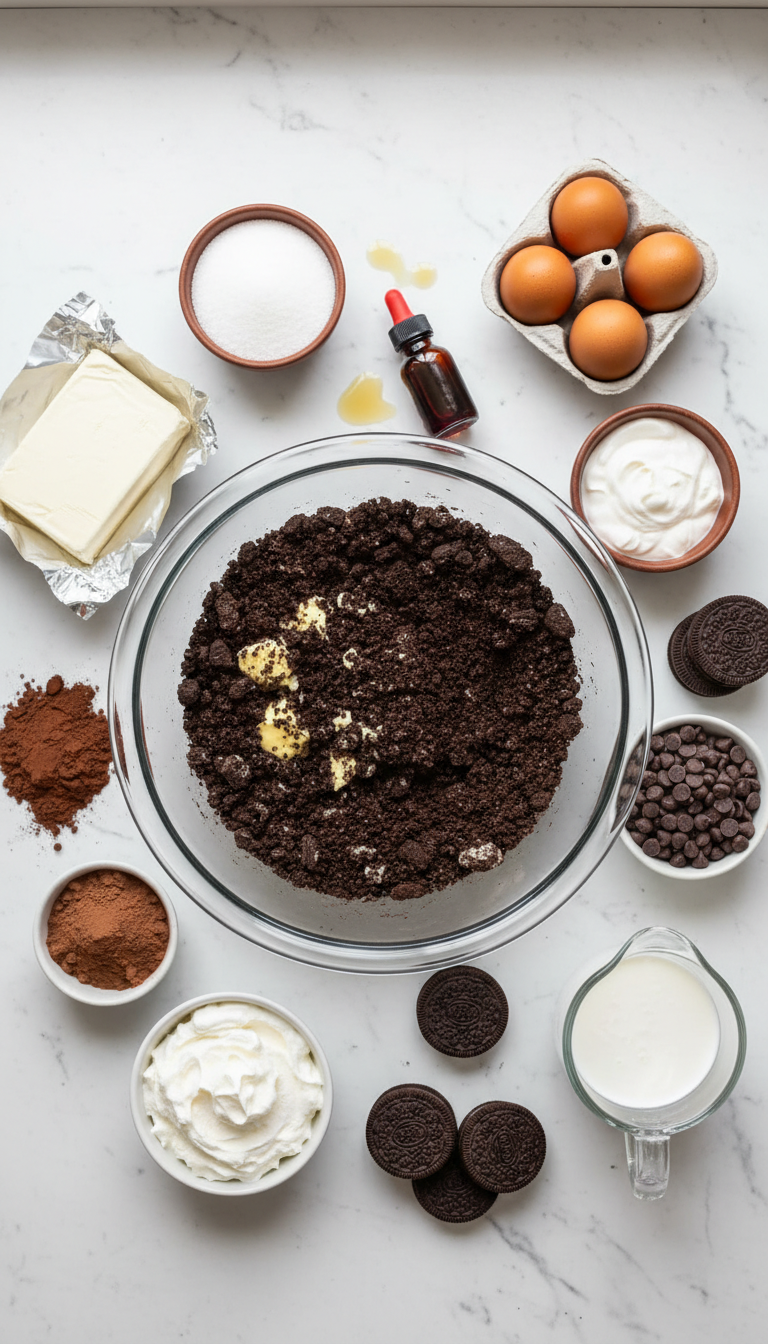 Fresh ingredients for Red Velvet Oreo Cheesecake including cream cheese, Oreo cookies, cocoa powder, and red food coloring arranged on a marble countertop