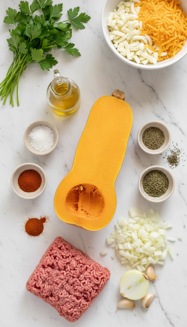 Fresh ingredients for roasted butternut squash with ground turkey laid out on a wooden cutting board