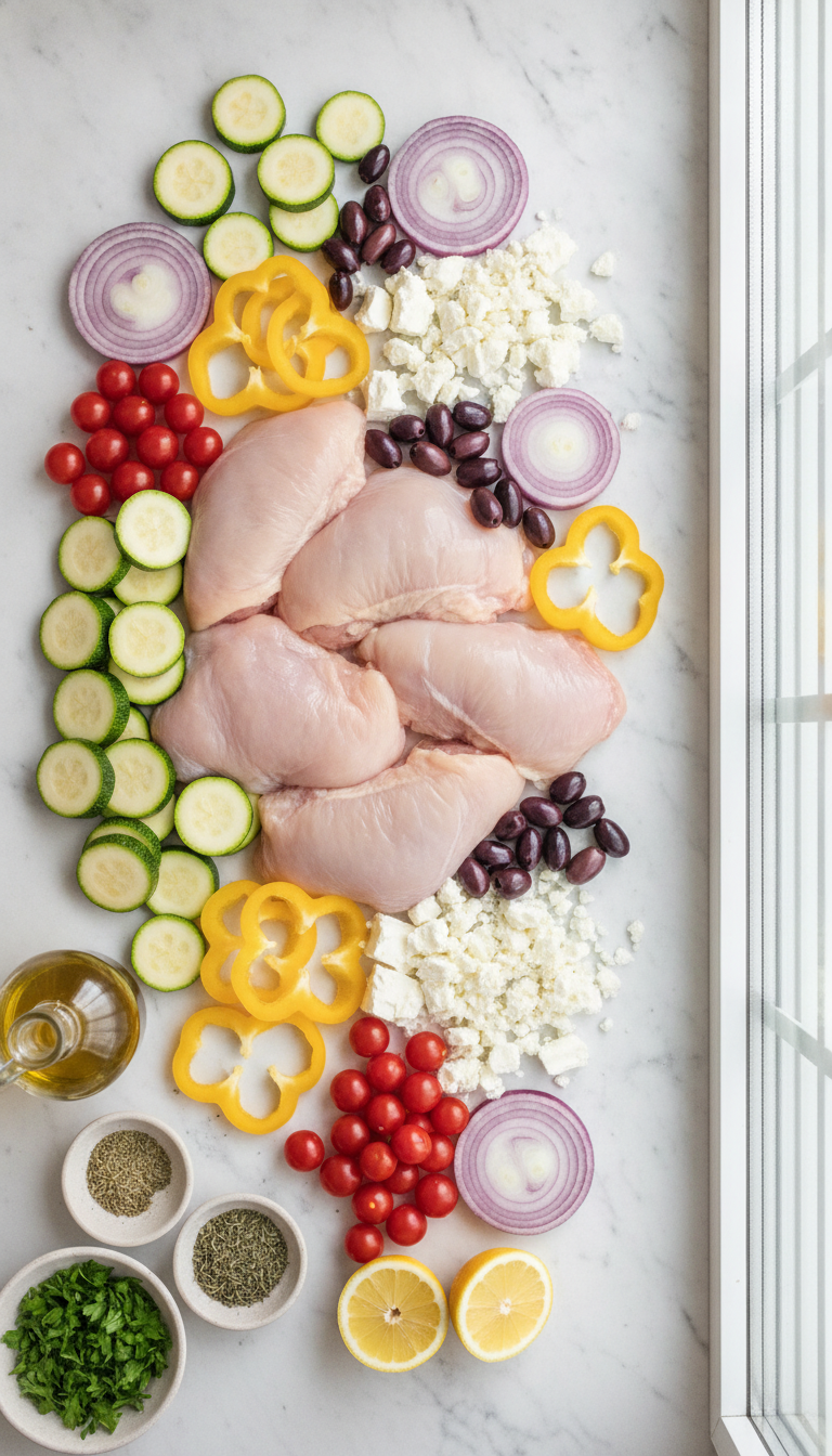 Fresh ingredients for Greek sheet pan chicken including olive oil, lemon, garlic, herbs, chicken thighs, and colorful Mediterranean vegetables arranged on a white surface
