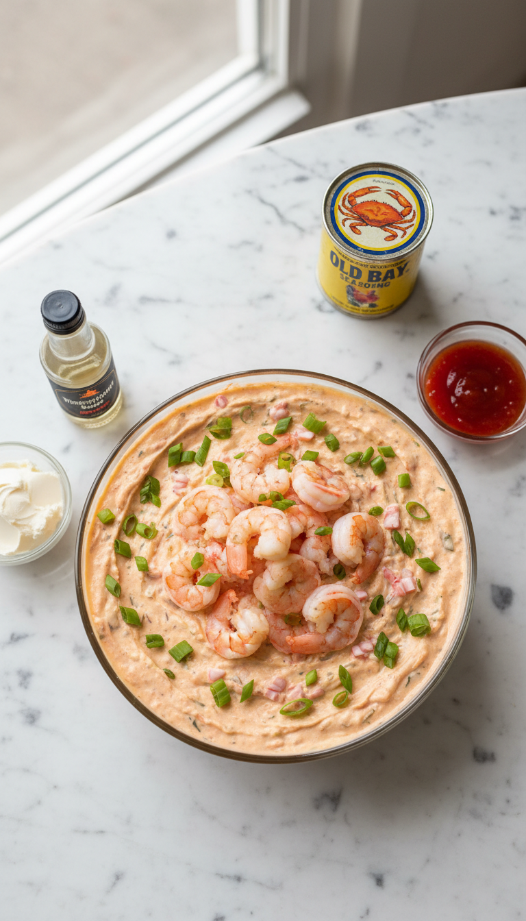 Fresh ingredients for shrimp cocktail dip including cooked shrimp, cream cheese, green onions, cocktail sauce, Old Bay seasoning, and Worcestershire sauce arranged on a clean kitchen counter