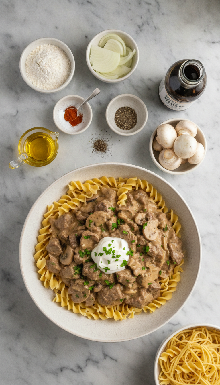 Fresh ingredients for slow cooker beef stroganoff laid out on a wooden cutting board including beef chuck roast, mushrooms, onions, sour cream, and egg noodles