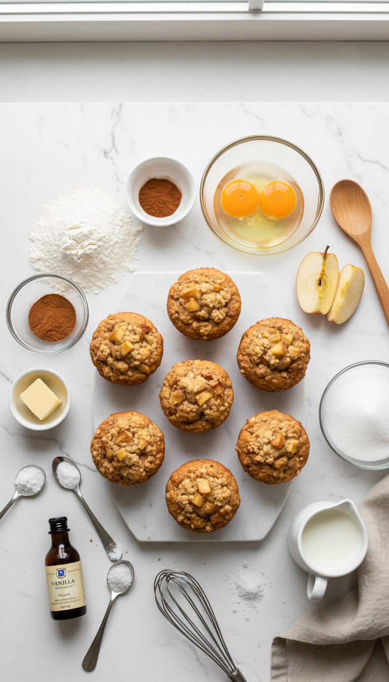 Fresh ingredients for soft apple cinnamon muffins arranged on marble countertop including flour, eggs, butter, apples, and cinnamon