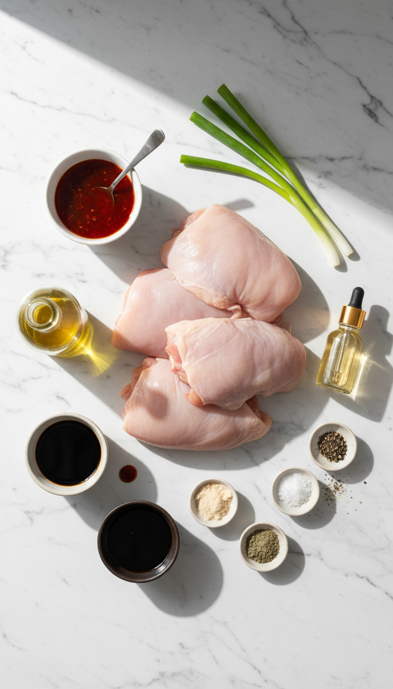 Ingredients for Sticky Sweet Chili Chicken Thighs in Air Fryer arranged on a marble countertop