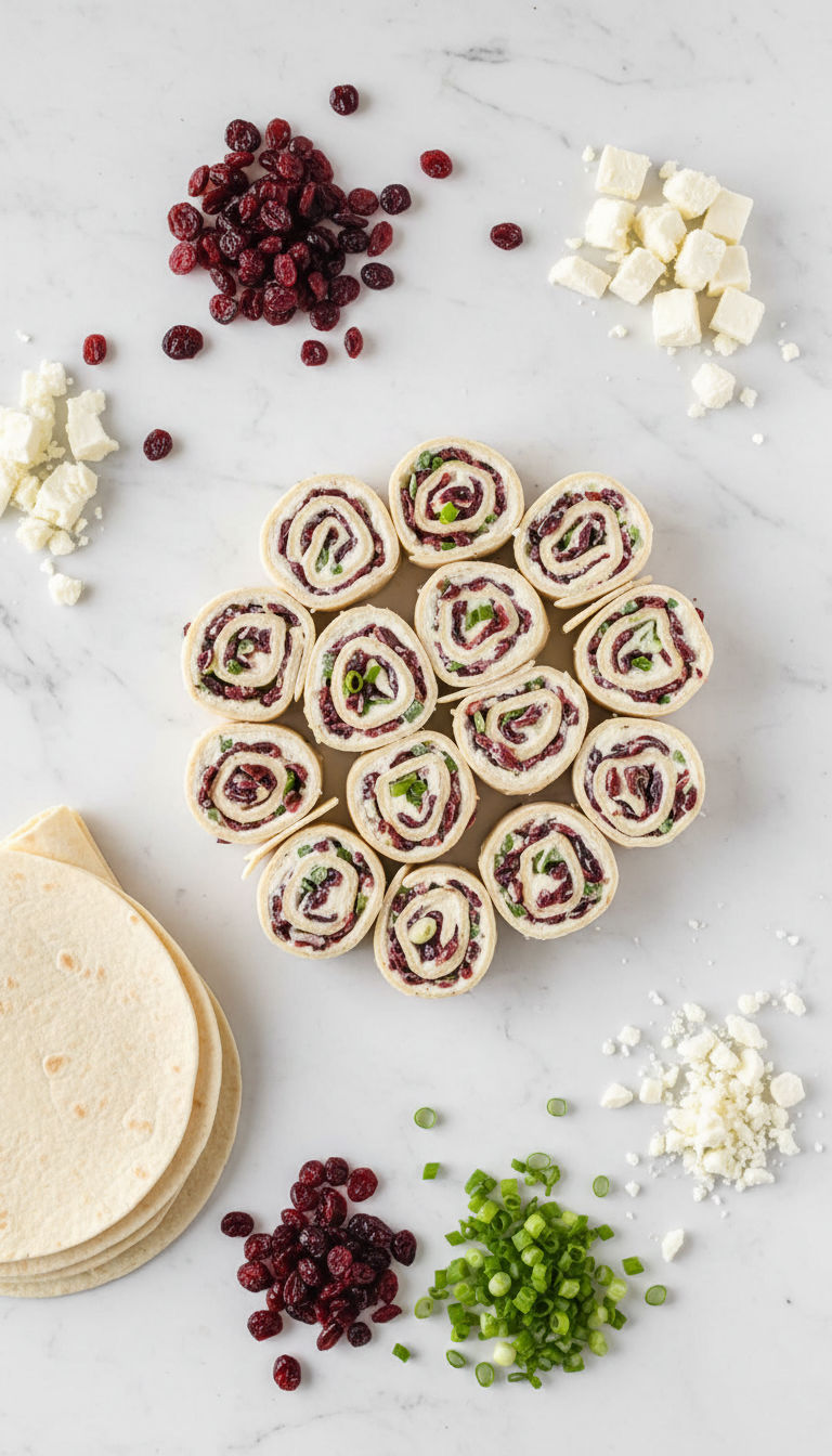 Fresh ingredients for Tasty Christmas Cranberry Pinwheels including dried cranberries, cream cheese, feta, green onions, and flour tortillas arranged on marble surface