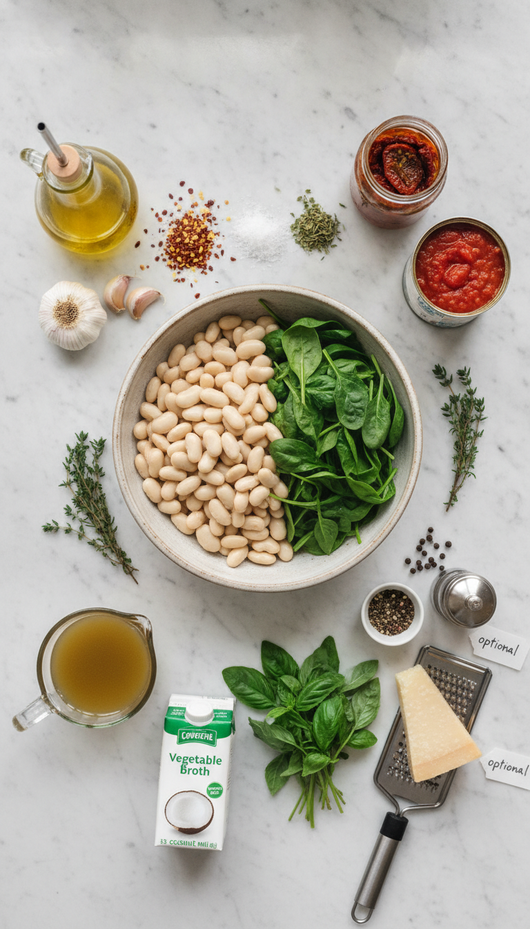 Fresh ingredients for Tuscan Butter Beans with Spinach including butter beans, spinach, sun-dried tomatoes, garlic, and herbs arranged on a marble countertop