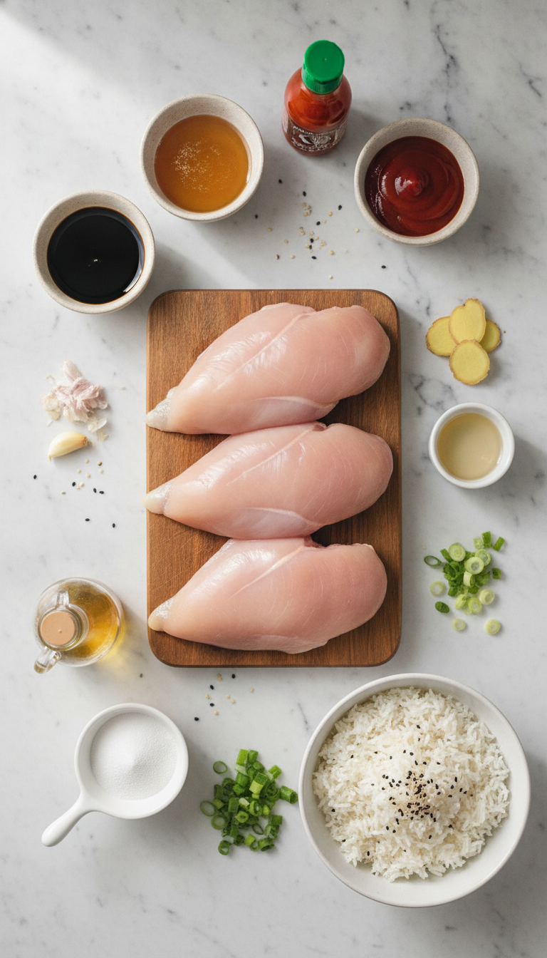 Fresh ingredients for Slow Cooker Honey Garlic Chicken including chicken breasts, honey, soy sauce, garlic, and green onions arranged on a wooden cutting board