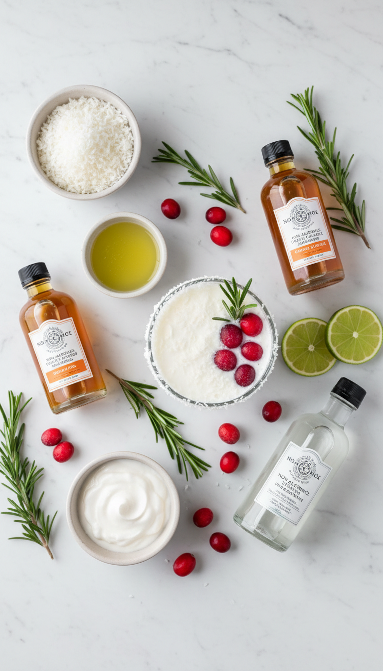 Fresh ingredients for White Christmas Margarita including shredded coconut, lime, cream of coconut, and garnishes arranged on a wooden cutting board