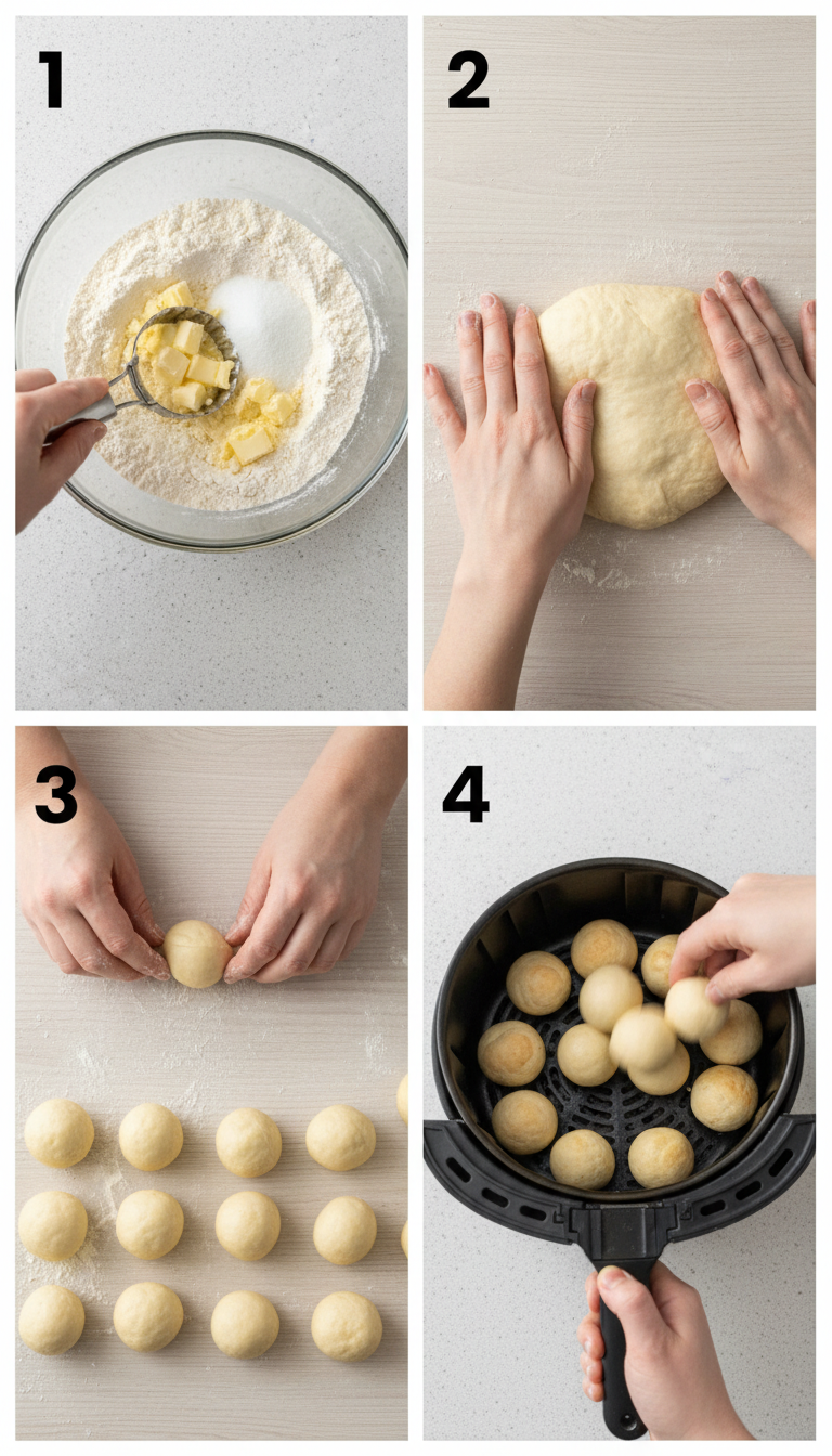 Step-by-step visual guide showing dough preparation, shaping, and air frying process for perfect donut holes