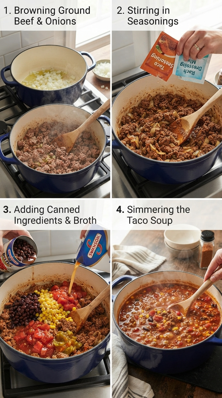 Step-by-step visual guide showing the progression of Best Taco Soup Recipe from browning meat to final garnished presentation