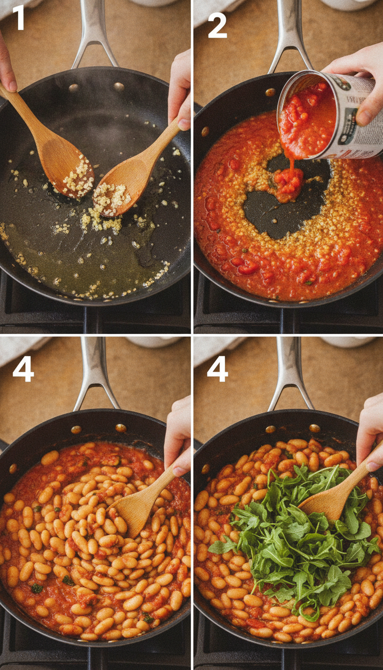 Step by step cooking process showing olive oil heating, garlic sautéing, tomatoes simmering, beans braising, and arugula wilting in professional kitchen setting