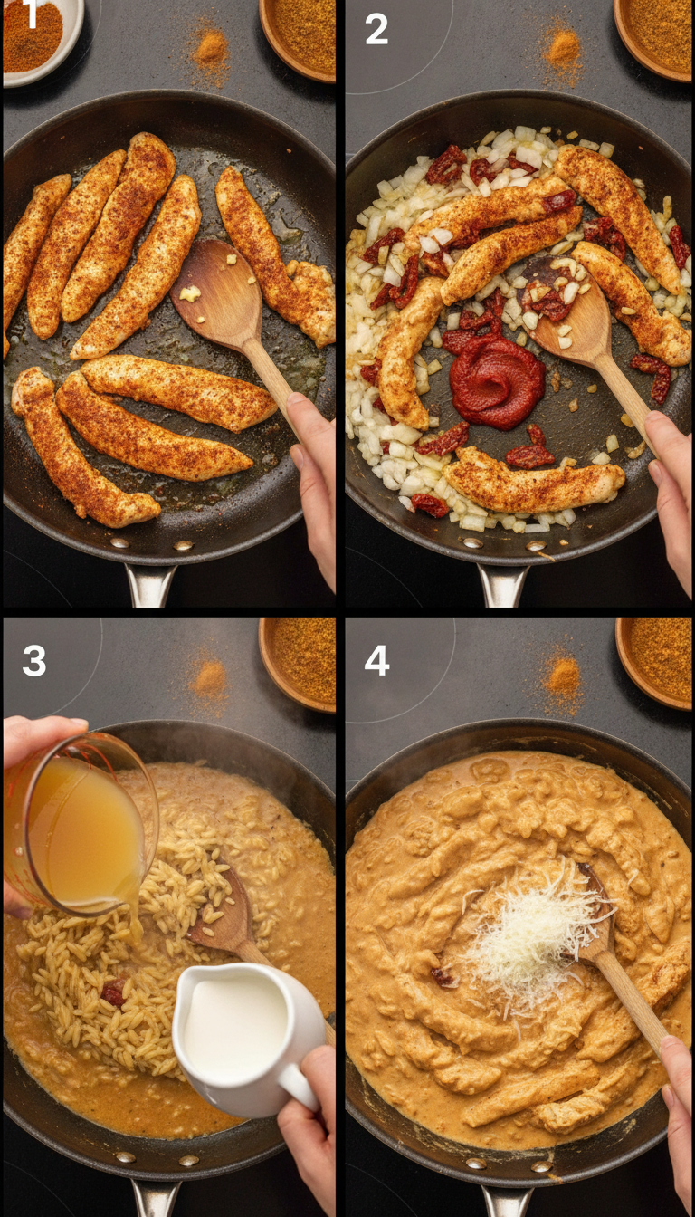 Step-by-step cooking process showing chicken browning, aromatics cooking, and final creamy orzo dish