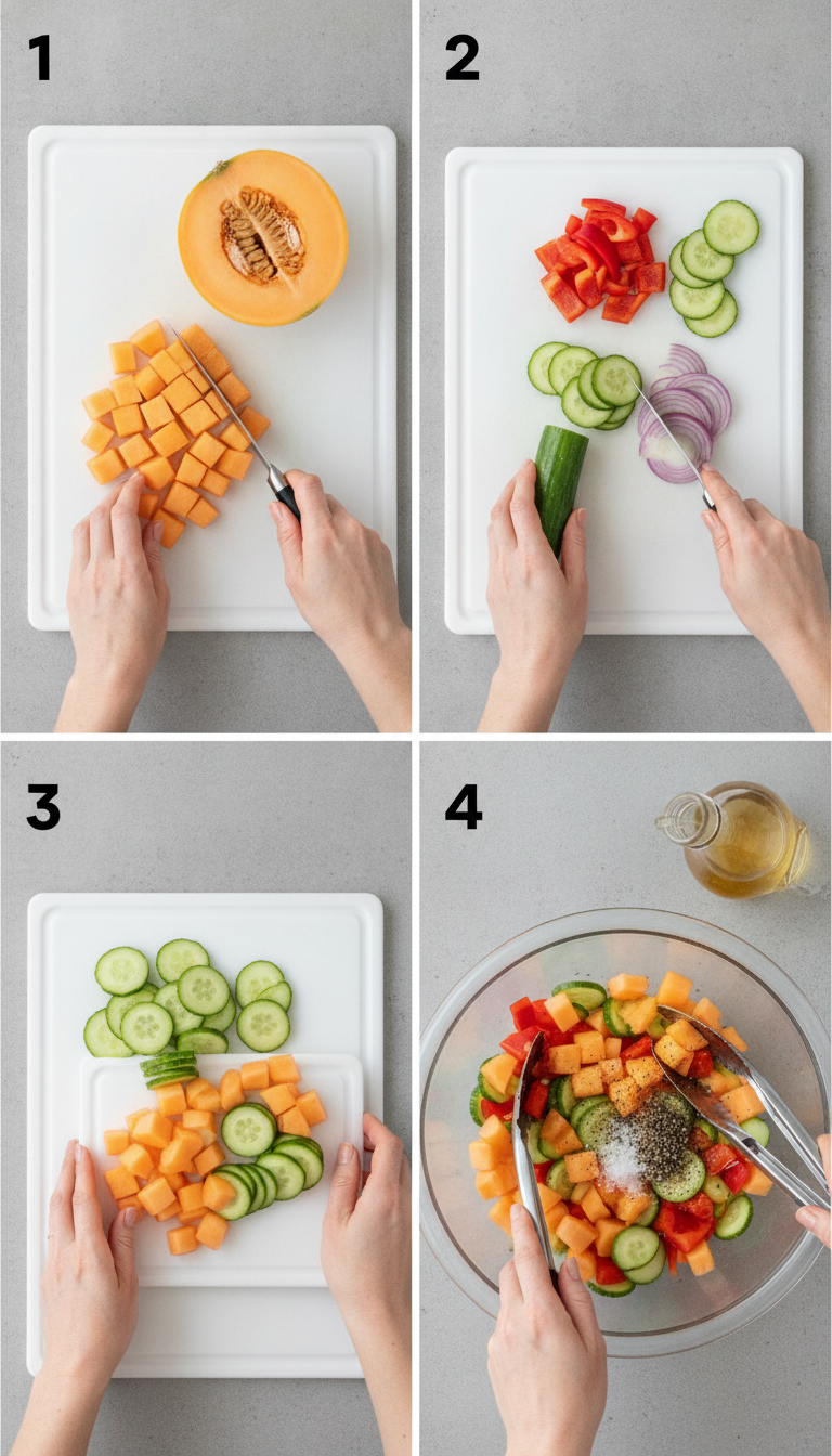 Step-by-step preparation of Cantaloupe + Cucumber Salad showing cutting techniques and assembly process