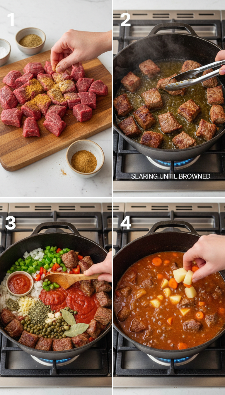 Step-by-step process of making carne guisada showing beef browning, vegetables cooking, and final stew simmering