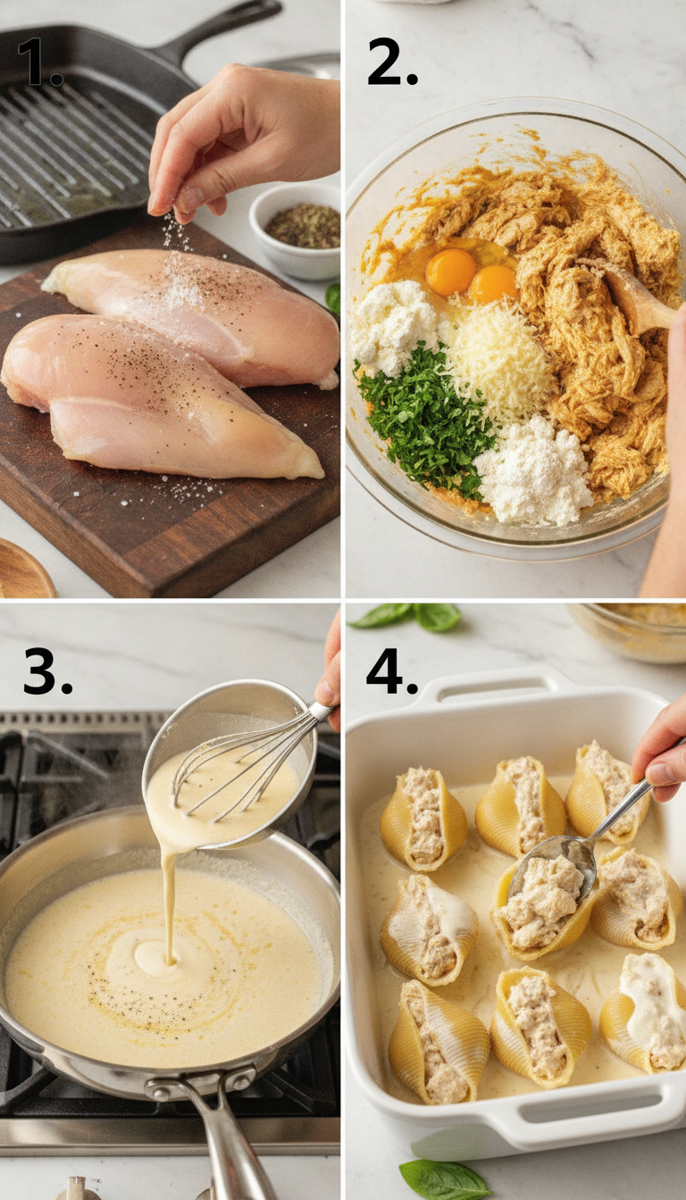 Step-by-step visual guide showing the process of making Chicken Alfredo Stuffed Shells from cooking chicken to final plated presentation