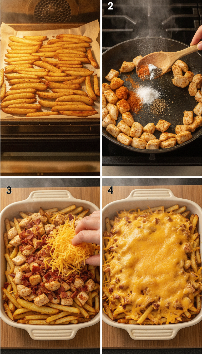 Step-by-step preparation of Chicken Turkey Bacon Ranch Fries showing golden fries being topped with seasoned chicken, turkey bacon, and melted cheese