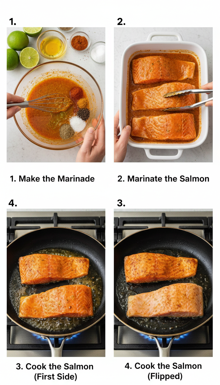 Step by step process of preparing chili lime salmon bowls showing marinating, cooking, and plating stages