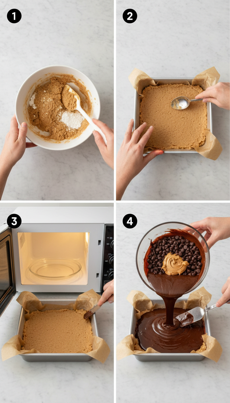 Step by step process showing mixing base ingredients, pressing into pan, melting chocolate, and final bars