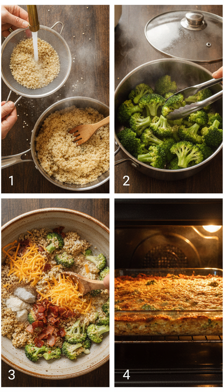 Step by step process of making creamy quinoa broccoli and cheese casserole with professional lighting