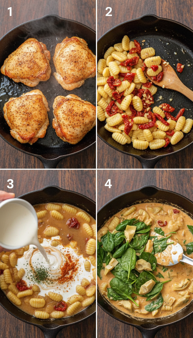 Step-by-step visual guide showing chicken searing, gnocchi cooking, and final plating of Creamy Tuscan Chicken and Gnocchi
