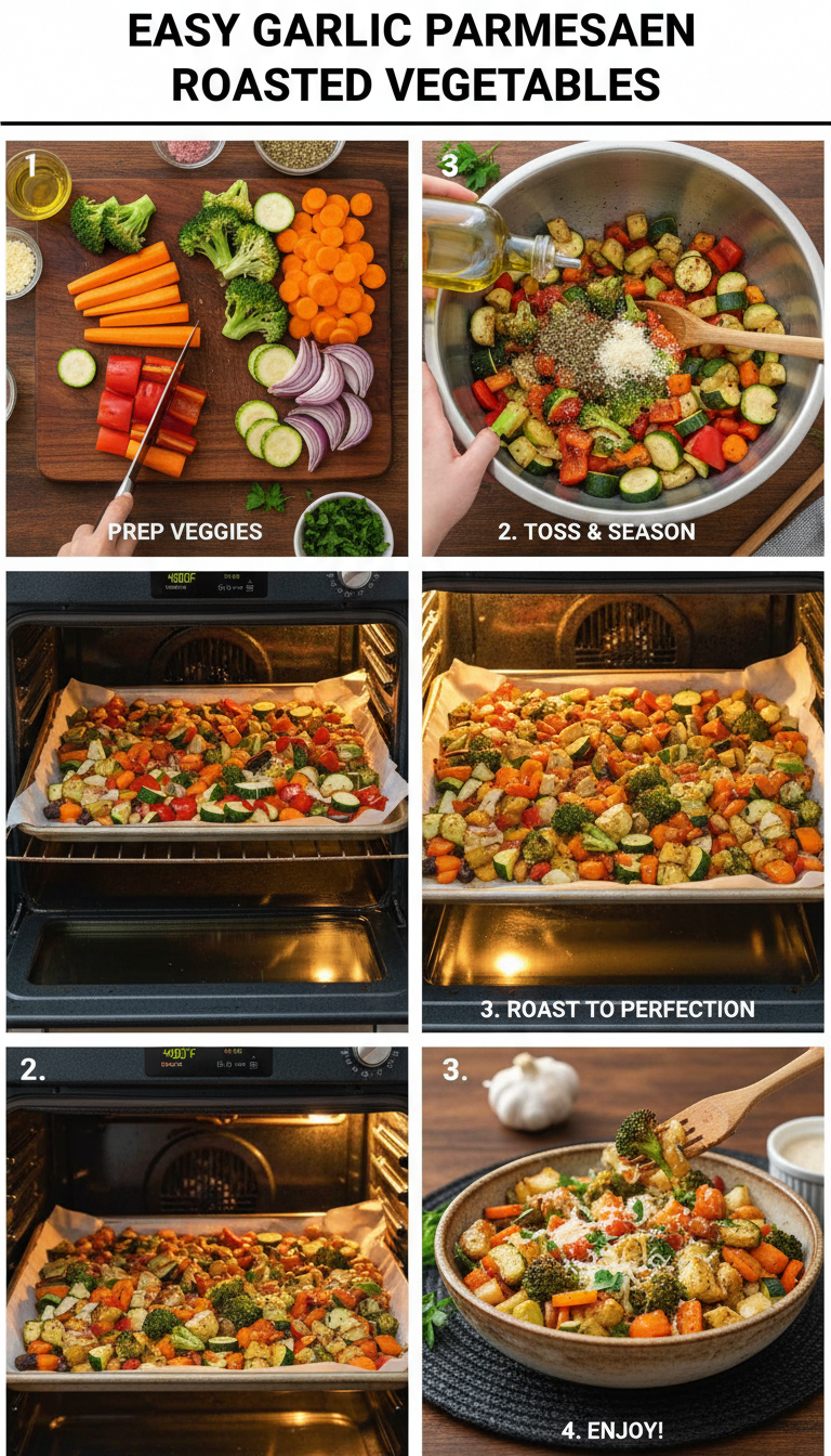 Step-by-step preparation of Easy Garlic Parmesan Roasted Vegetables showing vegetables being tossed with seasonings and arranged on baking sheets