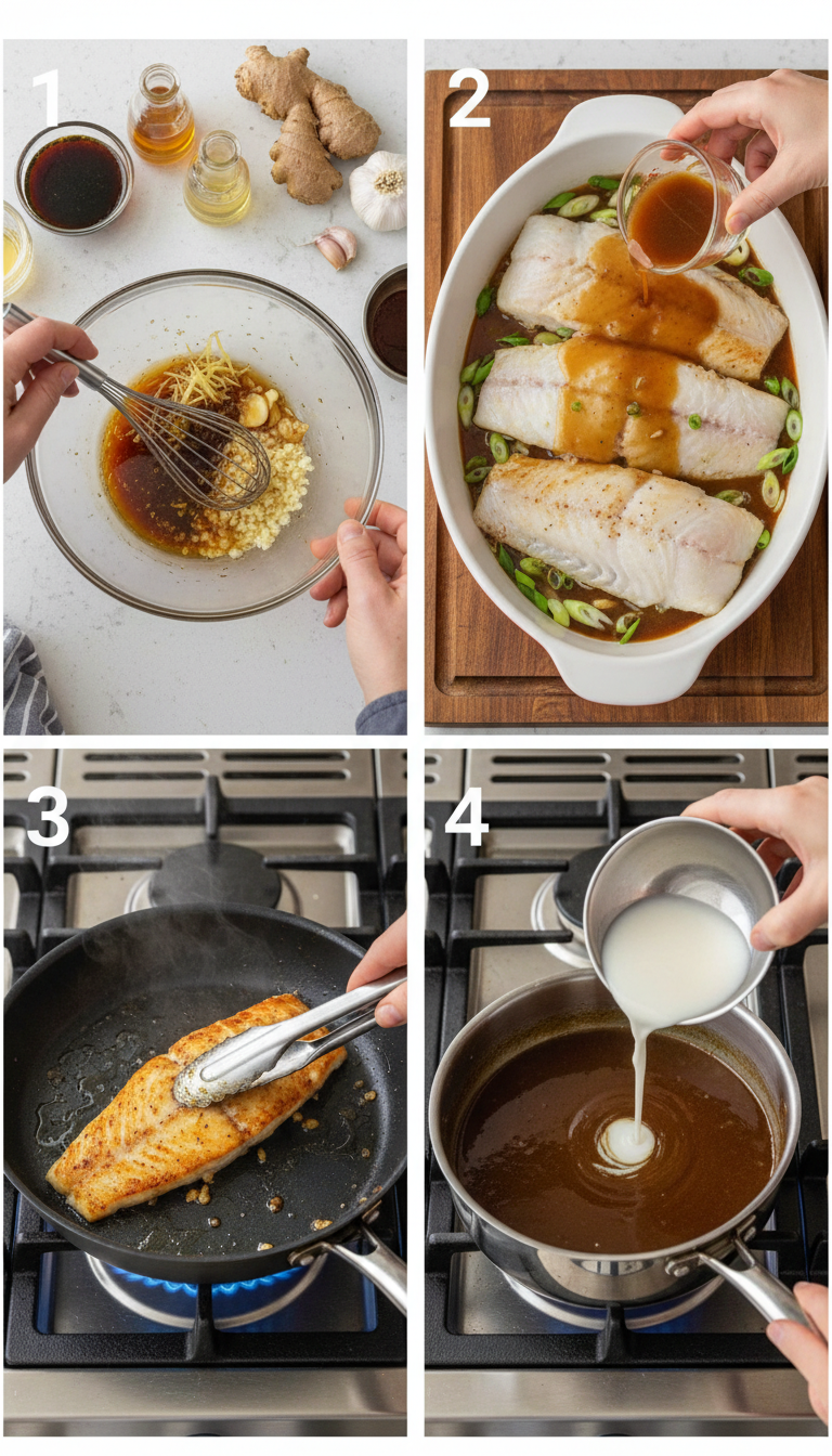 Step-by-step visual guide showing the preparation and cooking process of Easy Ginger Soy Cod from marinade to final plating