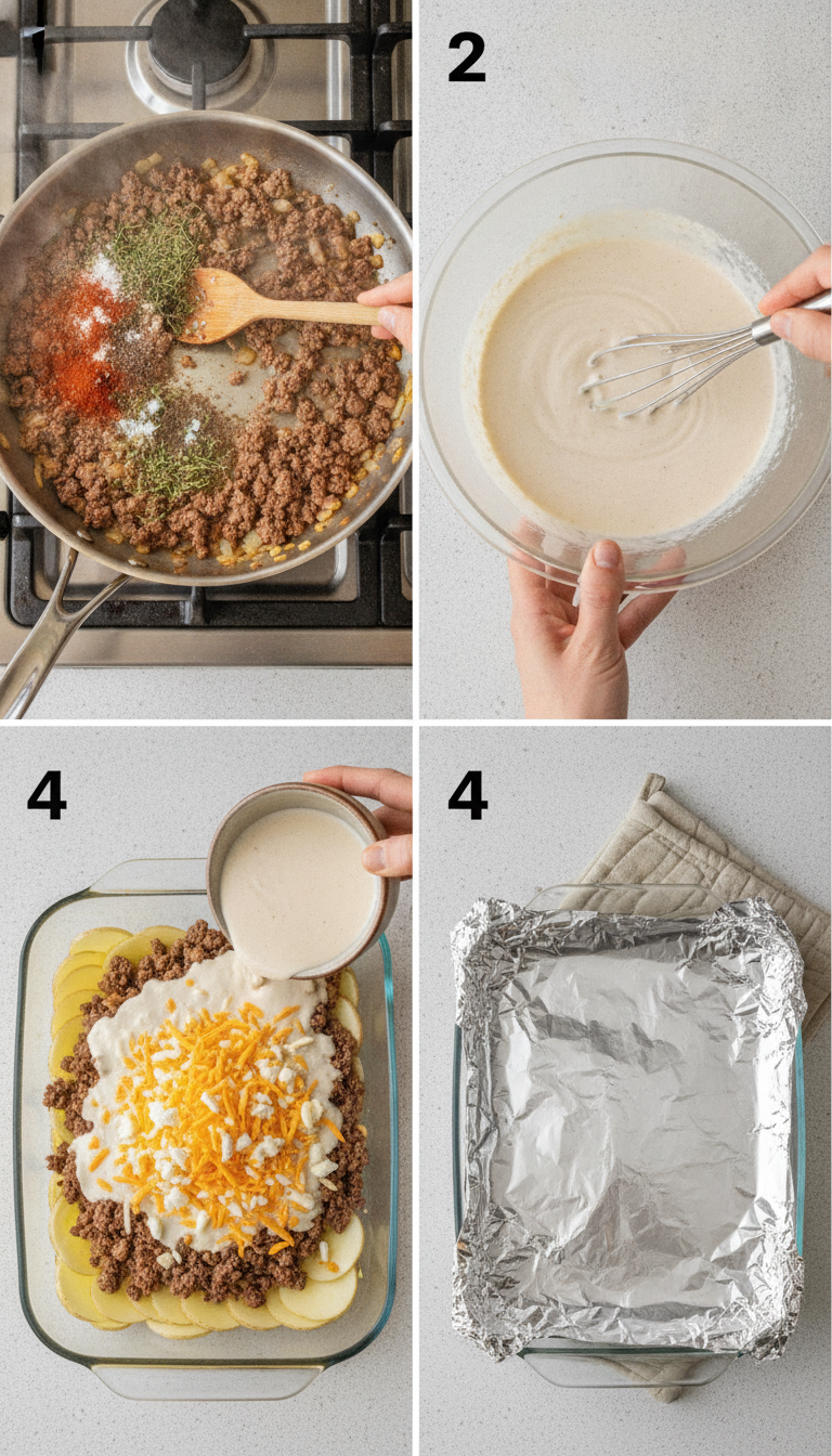 Step-by-step preparation of Easy Hobo Casserole showing layering technique and assembly process