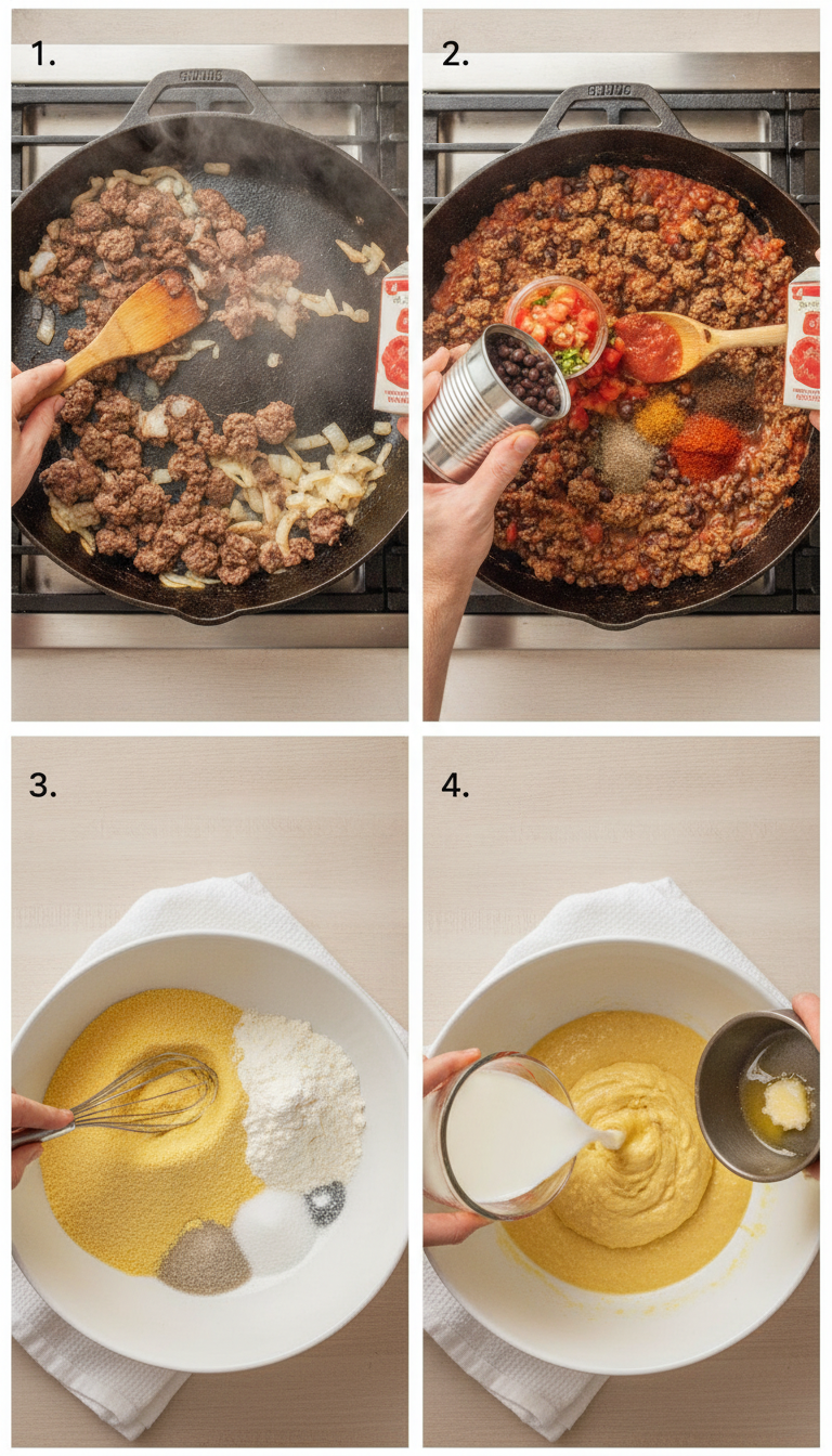 Step by step preparation of Easy Taco Casserole Bake with Cornbread Topping