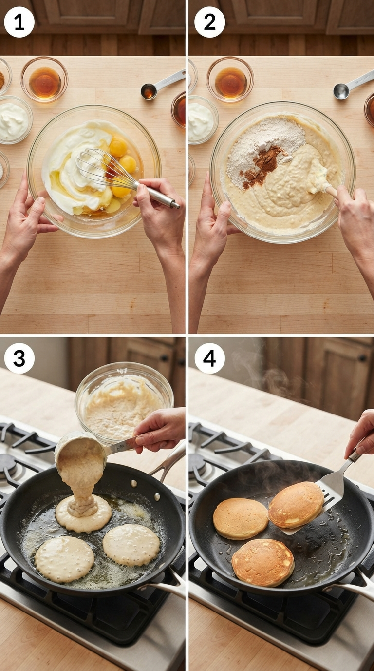Step-by-step process of making fluffy Greek yogurt protein pancakes with oat flour