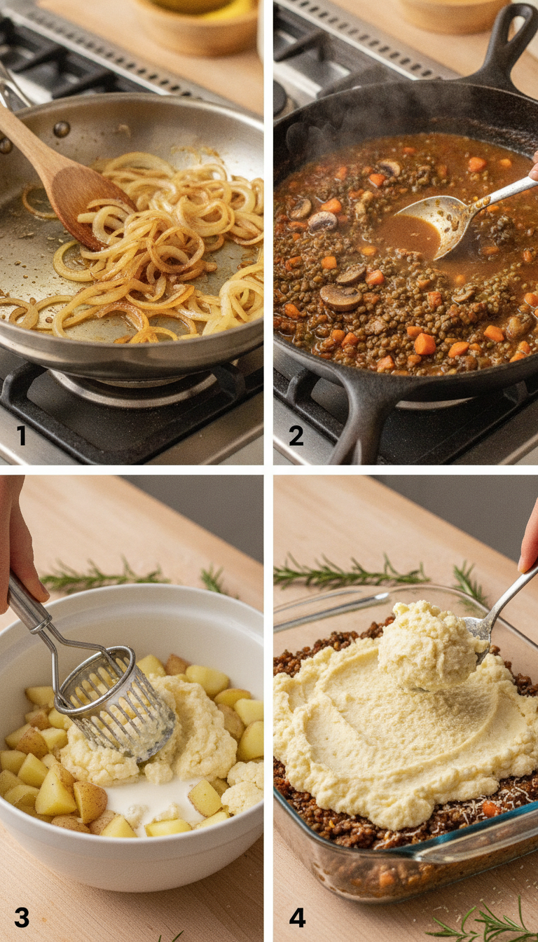 Step-by-step visual guide showing the transformation from raw ingredients to the final golden-topped French Onion Shepherd's Pie