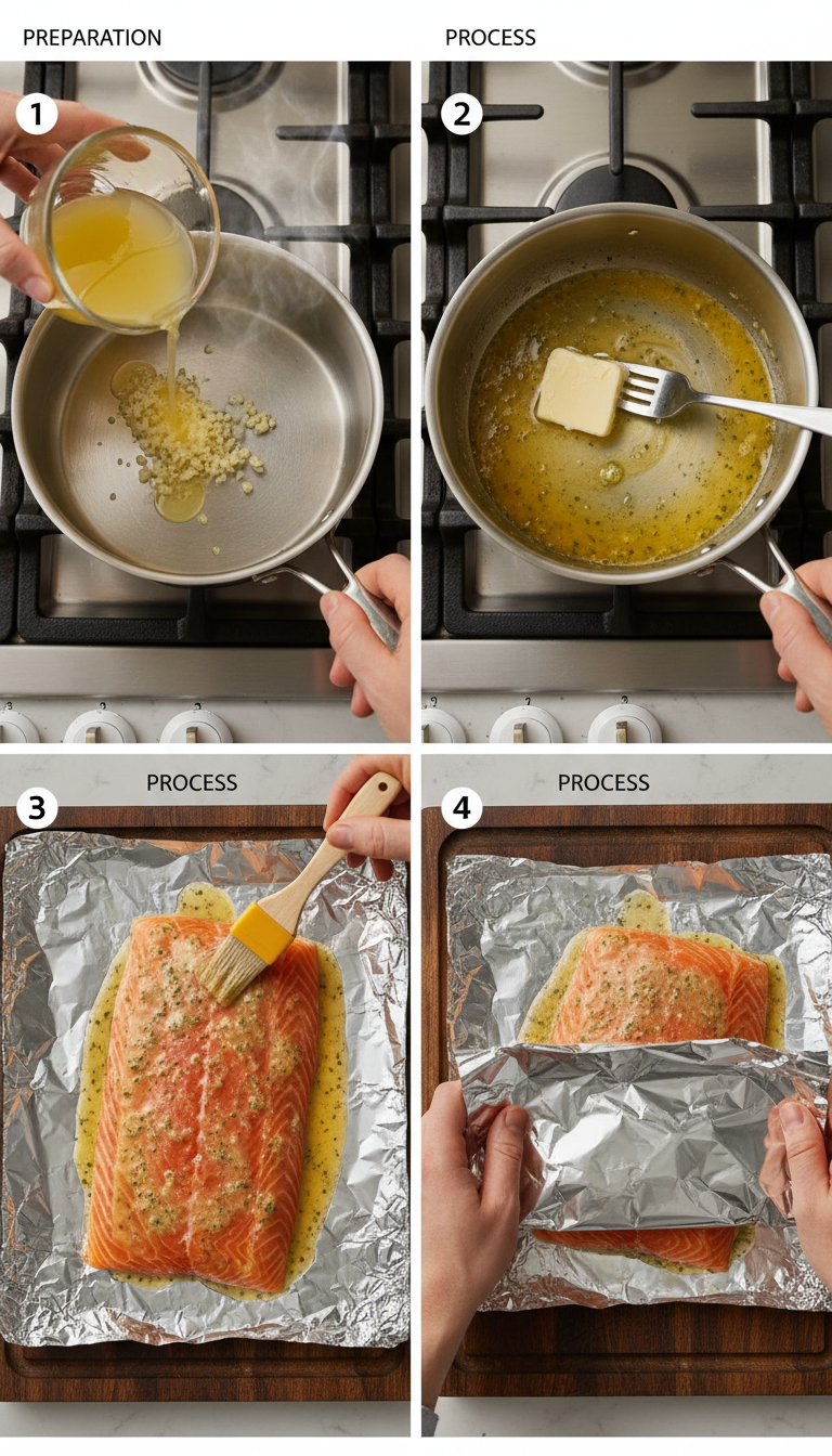 Step by step process showing salmon being wrapped in foil with garlic butter sauce for baking