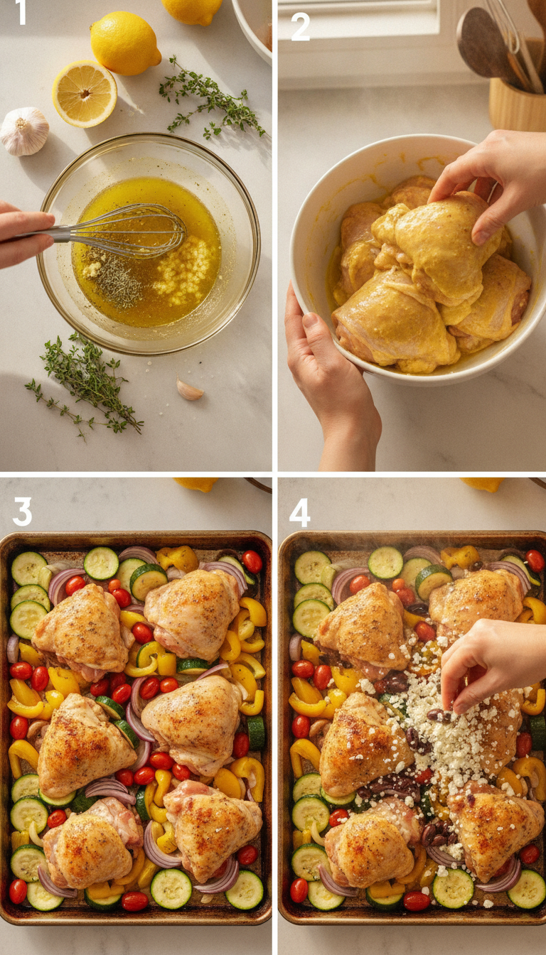 Step-by-step process showing marinated chicken thighs and seasoned vegetables arranged on a sheet pan ready for roasting