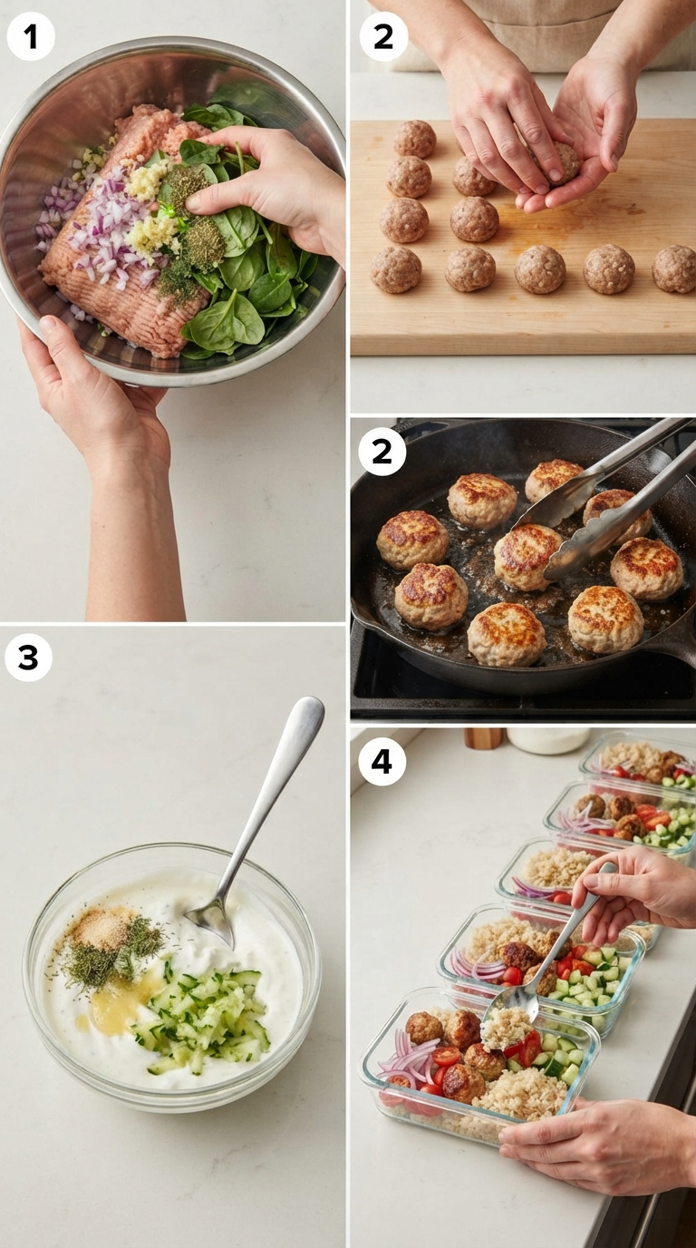 Step by step process of making gyro turkey meatball grain bowls showing meatball formation, cooking, and bowl assembly