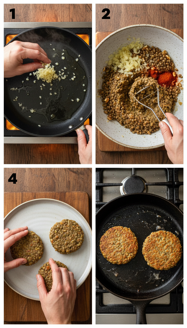 Step-by-step visual guide showing the process of making lentil walnut veggie burgers from preparation to finished patties