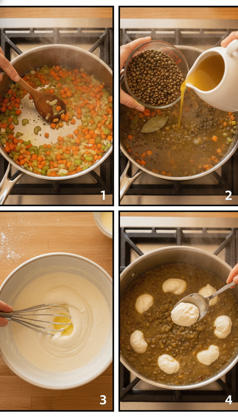 Step by step process of making lentils with drop dumplings showing sautéed vegetables, simmering lentils, and dropping dumpling batter